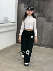 Korean Cargo Pants For Kids Girl 7-15yrs Star Towel Embroidery 4 Pockets Baggy Pants For Kids Girl Sagging Pants Wide Leg Pants For Kids Girl