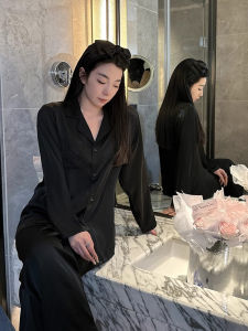 Luxurious Ice Silk Thin Long Sleeve Pants Set Womens Sleepwear Home Clothes Fall Collection Comfortable Breathable Pure Color