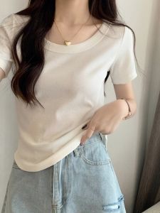 เสื้อยืดคอกลมแขนสั้นผ้าฝ้ายทรงสลิมฟิตสำหรับผู้หญิง เสื้อผ้าทำงานสไตล์เกาหลีฤดูร้อน ทรงพอดีตัว สวมใส่สบาย ระบายอากาศได้ดี