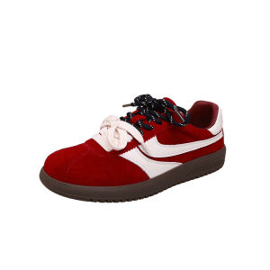 Dopamine Red Dequn Shoes Womens Casual Fashion Sneakers Color Block Laces Sporty round Toe Thick Bottom Leather Upgraded