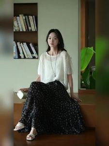 Lace Hollow Knit Breathable Linen Short Sleeve T-Shirt for Women