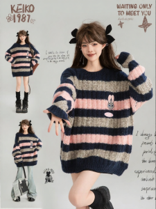 KEIKO | Áo Sweater Kẻ Sọc Dày Thoải Mái Cổ Tròn Đẹp Màu Mid-thigh