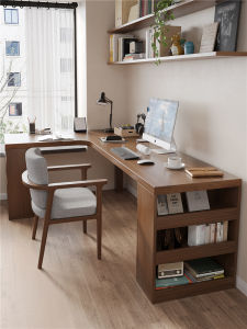 Solid Wood L-Shaped Computer Desk with Bookshelf Integrated Combination for Two Students Ideal for Home Use Small Spaces