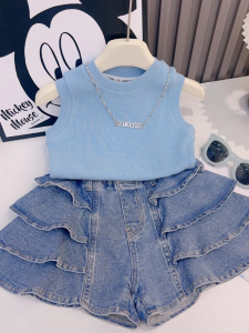 Bộ Trang Phục Mùa Hè Dành Cho Nữ Thời Trang Sành Điệu Denim Quần Short Quần Đùi Chân Váy Chữ A Cộc Tay Không Tay Màu Tinh Khiết  Áo Hai Dây Bộ Trang Phục Trẻ Em Ren Gấu Áo Gấu Váy Đa Năng