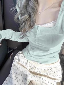 Mint Green Floral Print Long Sleeve T-Shirt Womens Slim Fit Short Style Fake Two-Piece Base Shirt Top Korean Style Commute