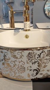 Chậu rửa mặt lavabo nghệ thuật đặt bàn LV003 BẢO HÀNH MEN SỨ 20 NĂM - Kiểu hoa văn vàng dáng tròn chữ nhật và oval - Mang phong hiện đại sang trọng
