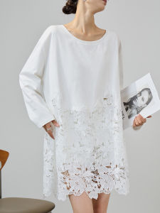 White Embroidered with Lace Detail Casual Loose Fit Long Sleeve Dress For Autumn