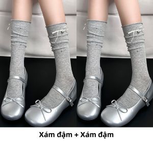 JIFANPAUL | Vớ Mỏng Cotton Cổ Trung Bình Có Dải Ruy Băng Viền