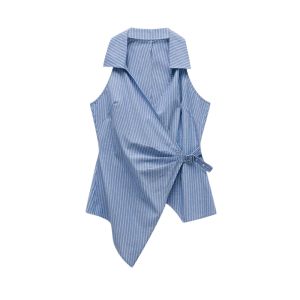 YUEZHONGWEI | French Cross Design Slim Fit Blue Striped Shirt Women Summer Small Size Sleeveless Turn-down Collar Top Korean Style Commute