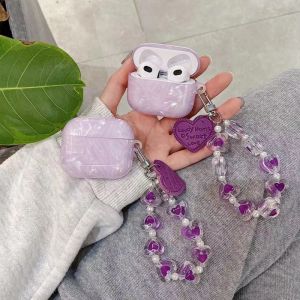 CrashStar Purple Shell Water Ripple Pattern AirPods Case With Heart Hanging Chain For AirPods 1 2 3 AirPods Pro 2 4 InPods 12 i12 Wireless Bluetooth Headset Headphones Earphone Casing Fashion Cover Hot Sale