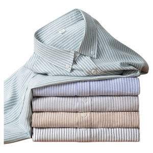 Mens Autumn Winter Thickened Cotton Oxford Cloth Long Sleeve Striped Shirt Casual Business Anti-Wrinkle Fleece Lined Shirt