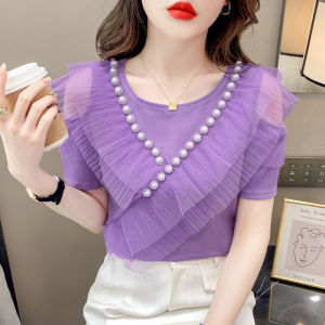 YIMEI Celebrity Style High Grade Purple Top Womens Short Sleeve Mesh Ruffle Edge T-shirt 2023 New Heavy Duty Beaded Round Neck Womens Off Shoulder T-shirt