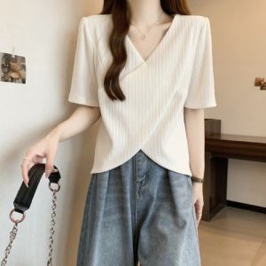 V-neck Cross Classic Style Short Sleeve Tops Womens Summer Plus Size Fat Sister Fashion All-Matching Slimming Sense of Design T-shirt