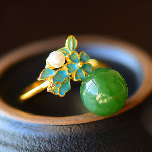 Gray Jade Jasper Pearl Palace Museum New Plated S925 Silver Ancient French Gold Enamel Exquisite Classical Elegance Ring Decoration