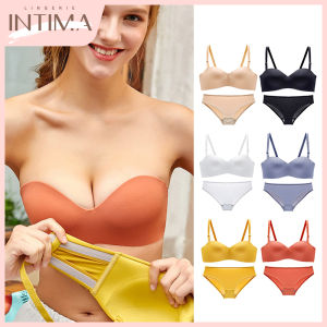 INTIMA Bra tak bertali bahu mudah dan seluar dalam untuk wanita Glossy lancar Push up Wire-free Lingerie Set Anti-slip pakaian yang tidak kelihatan harian Bralette