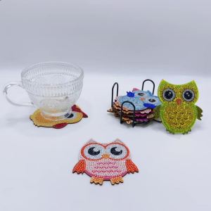 10pcs/Set DIY Diamond Art Owl Coasters with Holder Anti Slip Wood Drip Mats Special Shape Diamond Painting Coasters for Drinks