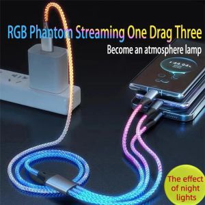 3 IN 1 66W 6A Cable Gradient Light USB Type C Micro Fast Charging Data Cord For Xiaomi 14 Redmi 13 Oneplus 12 POCO X6 Huawei
