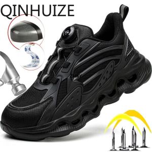QINHUIZE Rotated Button Men Safety Shoes Steel Toe Sneaker Man Easy Wear Work Safety Boots New Breathable Work Shoes Mens Black Footwear