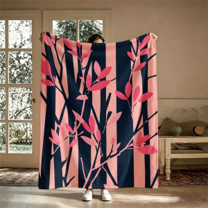 BILIBILI | Pink Leaves Stripes Black Flannel Blanket Perfect for Sofa Office Bed Travel Sleep Read Relax Camping Four Season Use