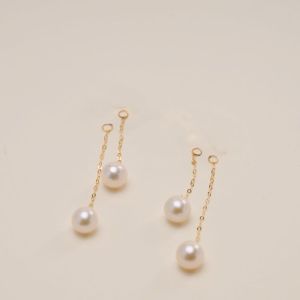 เครื่องประดับ DIY สำหรับต่างหูเครื่องประดับน้ำจืดธรรมชาติแท้18K ทอง Au750กลมสีขาว Dorp ยาว W10008ของขวัญเครื่องประดับบูติกของผู้หญิง