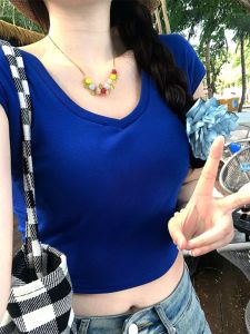 Áo Thun Nữ Tay Ngắn Cổ Chữ V Màu Trơn Mùa Hè Phong Cách Hàn Quốc Ôm Vừa Vặn Tay Áo Ngắn Thiết Kế Lưng Gợi Cảm