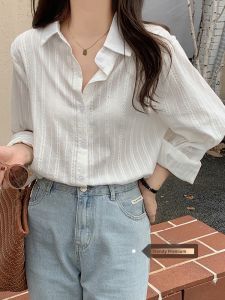 French Long Sleeve Shirt Spring Thin Stripe Sun Protection Womens Design Sense Top White Blouse Korean Style Loose Fit