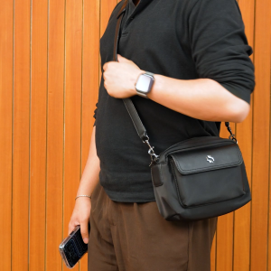 Shigetsu NICHINAN Leather Sling For Men Black Woven Crossbody Shoulder Bag