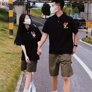 Rooraa Couple Summer T-Shirts Short Sleeve Polo Shirt Korean Style Printed Cotton Casual Wear for Students Men Women