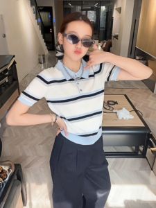 Red Polo Neck Stripe Short Sleeve Slim Fit Thin Design Summer Knitted Top for Women 2025 New Style Casual Fashion Slimming Top
