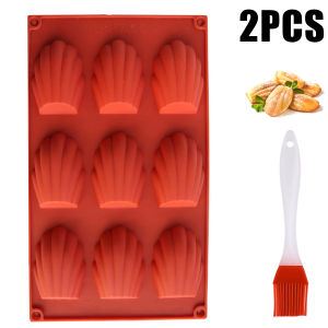 2 Piece Silicone Madeleine Mould Non-Stick 9 Cavities Reusable Shell Madeleine Mould with Brush for Biscuits Chocolate Pudding
