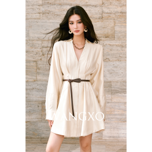 WANGXO | Đầm A-line Bóng Lụa Đai Ép Eo Kèm Dây Nịt
