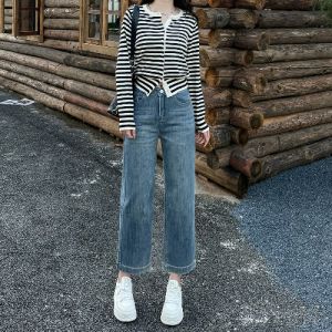 High Waist Straight Leg Blue Jeans Slim Fit Nine-Tenths Pants Autumn New Style European Fashion Small Stature People