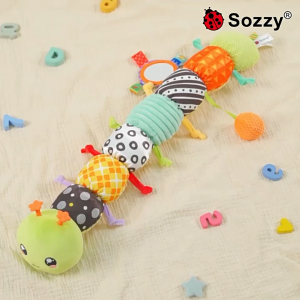 Soft Plush Baby Sensory Caterpillar Toy 60cm | Baby Pillow with Music Mirror Teether & Rattle | 0-24 Months