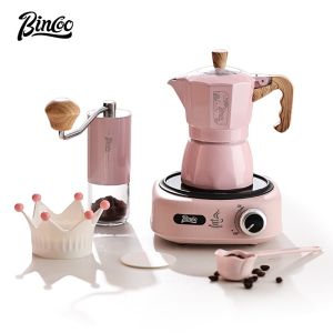 BINCOO Double Valve Moka Pot with Stove Brewing Coffee Pot Home Hand Brewing Coffee Pot Set Manual Coffee Grinder Espresso Appliance Set 2Cups