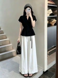 LIRUSHAN | Commuter Stylish Black V-Neck Short Sleeve Top And Wide Leg Pants Set