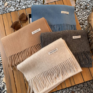 Classic Solid Color 100% Wool Scarf for Women Winter High-End Couple Double-Use Warm Neck Warmer Tassel Rectangle Shape