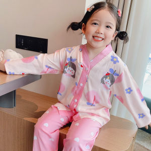 Cotton Silk Sleepwear Set Long Sleeve Childrens Home Clothes Baby Air Conditioning Clothes Thin Cardigan Summer Home Clothes Set for Boys And Girls