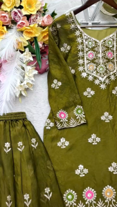 [PRE ORDER : 10 DAYS] Pure Fendy Silk Embroidered Kurti with Sharara and Dupatta Set 5mm Sequins Work Ready-to-Wear Ethnic Outfit for Women (M to XXL)