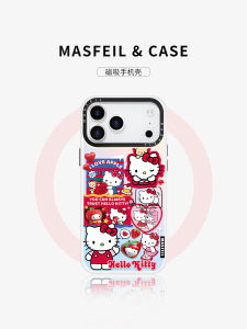 Masfeil Katy Cat Party Phone Case Full Cover with Stand Red New Year Design Magnetic Absorption for  16 pro Max
