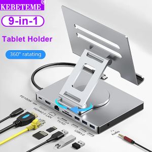 KEBETEME 9-in-1 USB C HUB Tablet Holder Docking Station 4K60Hz HDMI 1000Mbps Ethernet USB3.0 5Gbps Data Transfer PD100W for Tablet Phone