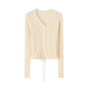 Korean Style French Sweet Moccasin V-neck Lace Trim Drawstring Waist Slim Long Sleeve Knitted Open Cardigan Womens Fashion