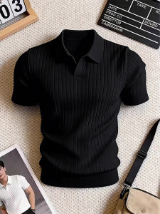 ZHUOCAN | Black Knitted Ice Silk Elasticity Fitting American Waist-cinching Mens Polo Shirt
