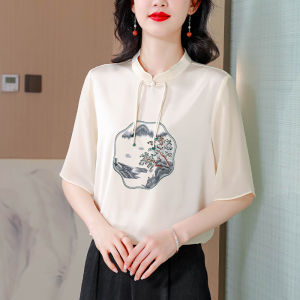 MAIMEI | Elegant Chinese Style Embroidered Short Sleeve Shirt Stand Collar Slimming Mom Base Shirt Button Design Spring Summer New Arrival