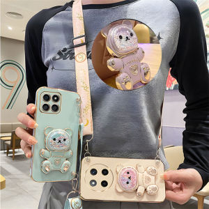 Phone Case Honor X9c X7c X6b Honor 200 Smart 5G Cute Colorful Beads Bear Phone Holder Electroplated Casing with Lanyard Lens Protection Shockproof Soft Cover 2024