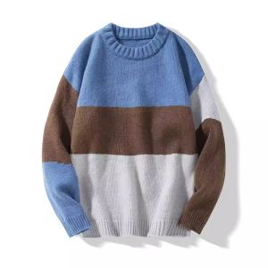 Mens Stripe Knitwear Loose Fit Lazy Style Inner Wear Vintage Autumn Winter round Neck Long Sleeve Casual Outerwear Sweater