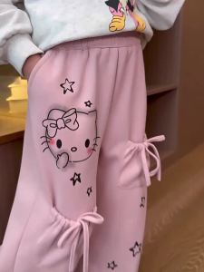 New Kids Baby Girls Pants 4-10Years Old Loose Pants 4 Pockets Wide Leg Trousers Hello Kitty Candy Pants Long Casual Sports Pants Fashion Summer Baggy Pants Korean