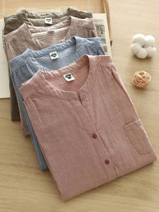 High Quality Pure Cotton Shirt Womens Summer Five Sleeve Plaid Design Double Layer Cotton Thread V-neck Loose Fit Style