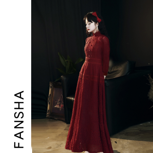 Red Wedding Dress Womens Short Ball Gown Vintage Style Zipper Bubble Sleeve Embroidery Square Collar Party Evening Gown