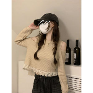 Áo Thun Dệt Kim Hở Vai Tay Dài Ngắn Thời Trang Phong Cách Hàn Quốc Dành Cho Nữ Mùa Thu 2022 Cổ Tròn Màu Trơn