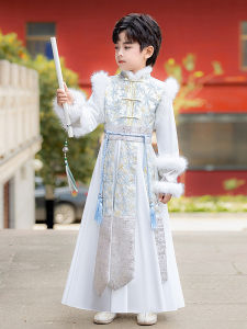 Thickened Winter Hanfu Childrens Clothing Boys New Year Ceremony Traditional Chinese Costume Long Sleeve Square Collar Long Dress